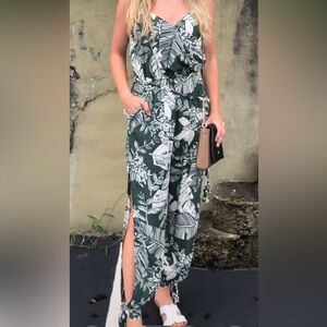 Dress Forum Green and White Tropical Wrap Jumpsuit